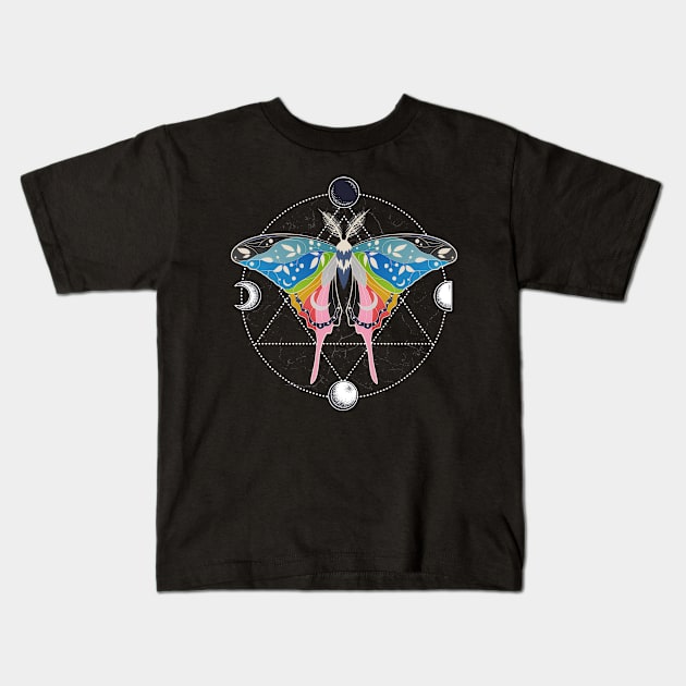 Queer Luna Moth Celestial Cottagecore LGBT Pride Flag Kids T-Shirt by Psitta